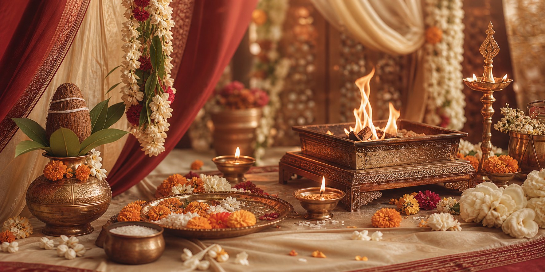 Indian Hindu wedding ceremony with mandap, flowers, and sacred fire